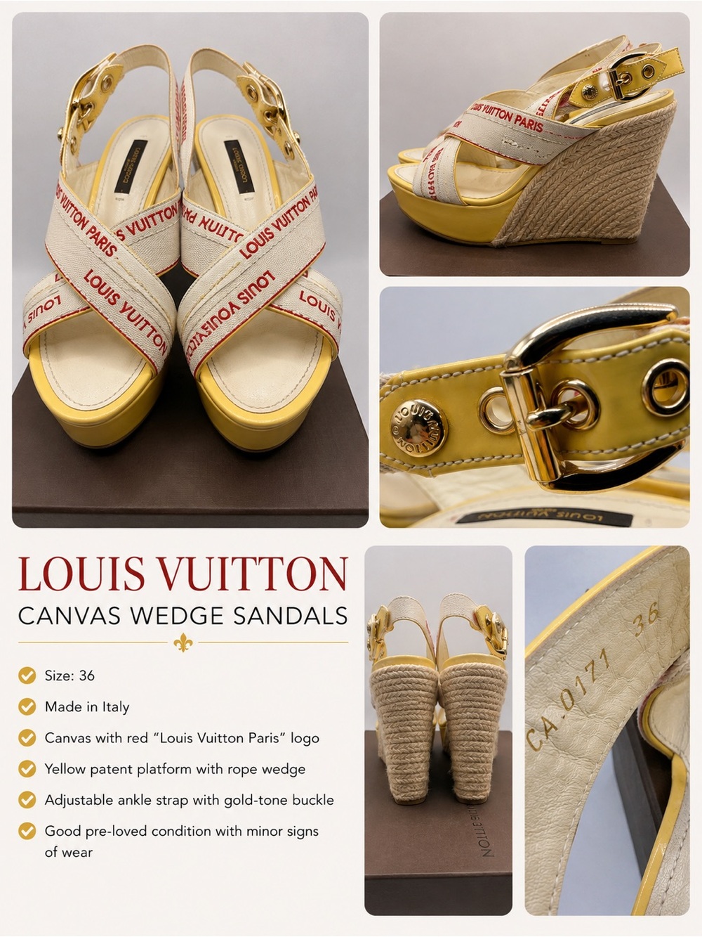 Louis Vuitton Yellow Canvas & Patent Leather Wedge Sandals with Red Logo Straps